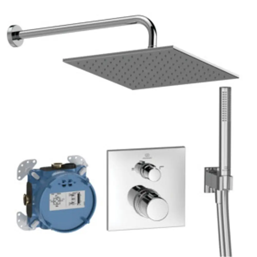 Ideal Standard Armaturen-Bundle mit Kopfbrause, Handbrause und Bedienelementen. Enthält auch die Heizungssteuerung. Zeitgemäßes Design für Badezimmeranwendungen.